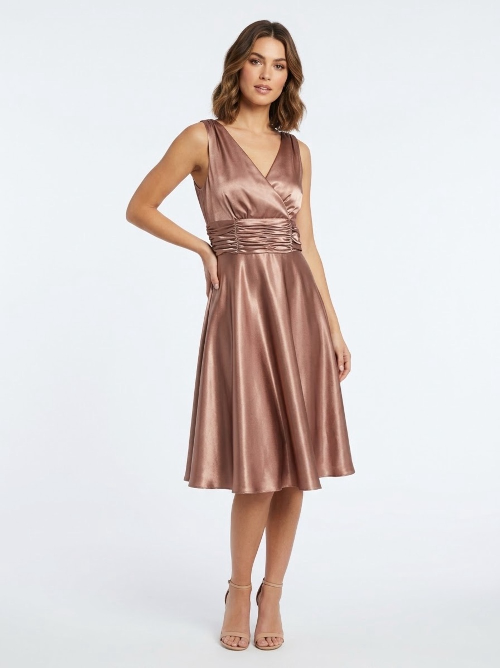 Patra Size 14 Mink Bronze Satin Ruched Formal Cocktail Dress
